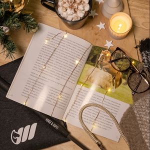 Photo d'une t-shirt et d'un livre avec une guirlande lumineuse sous un sapin de Noël