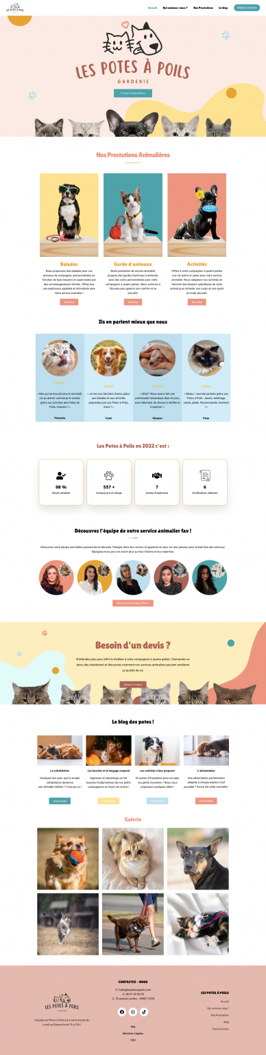 screenshot site web les potes à poils, page d'accueil