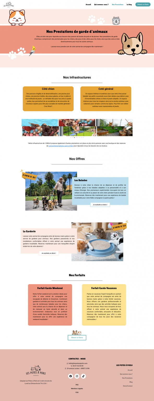 screenshot site web les potes à poils, page prestations