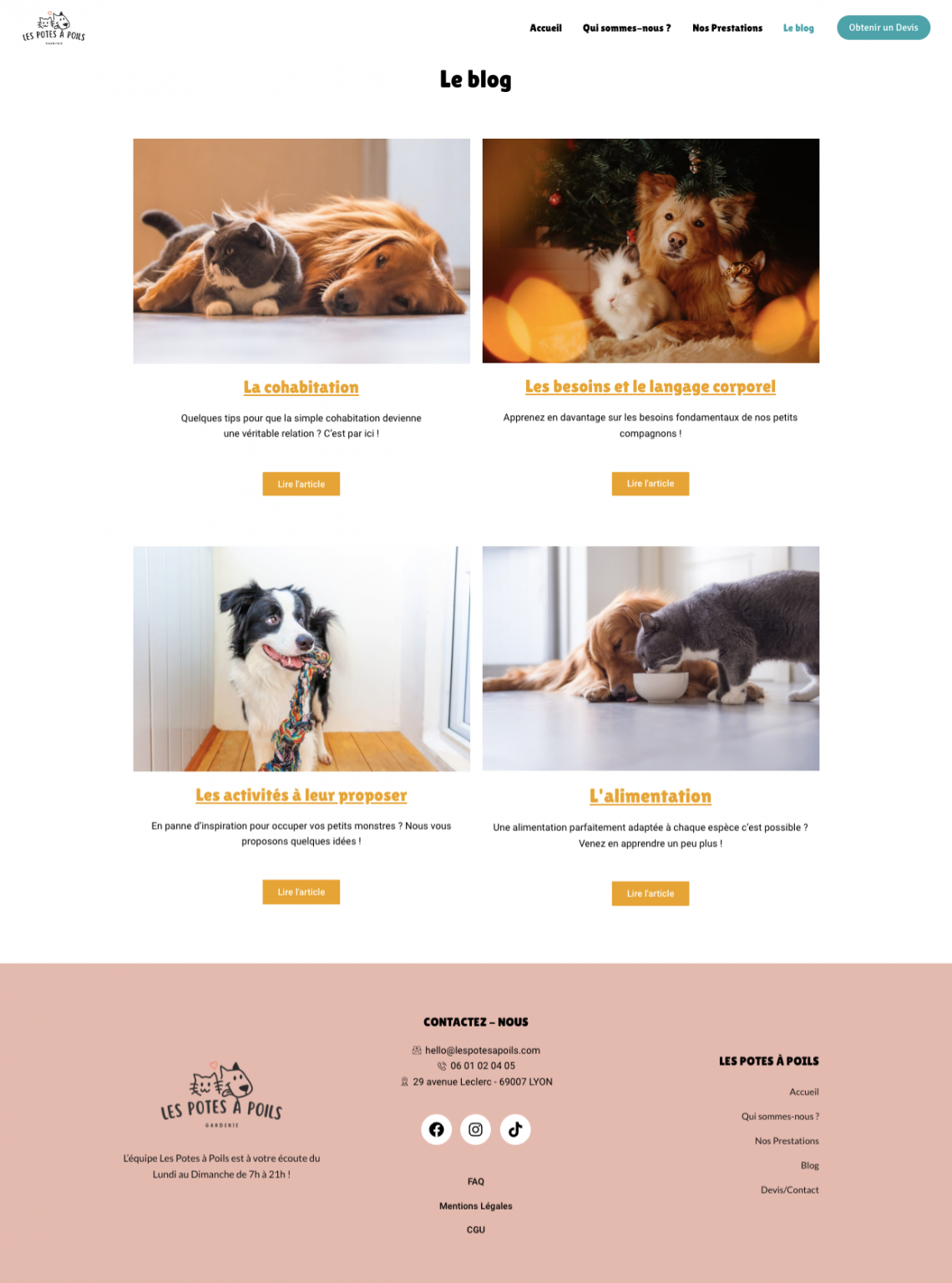 screenshot site web les potes à poils, page blog