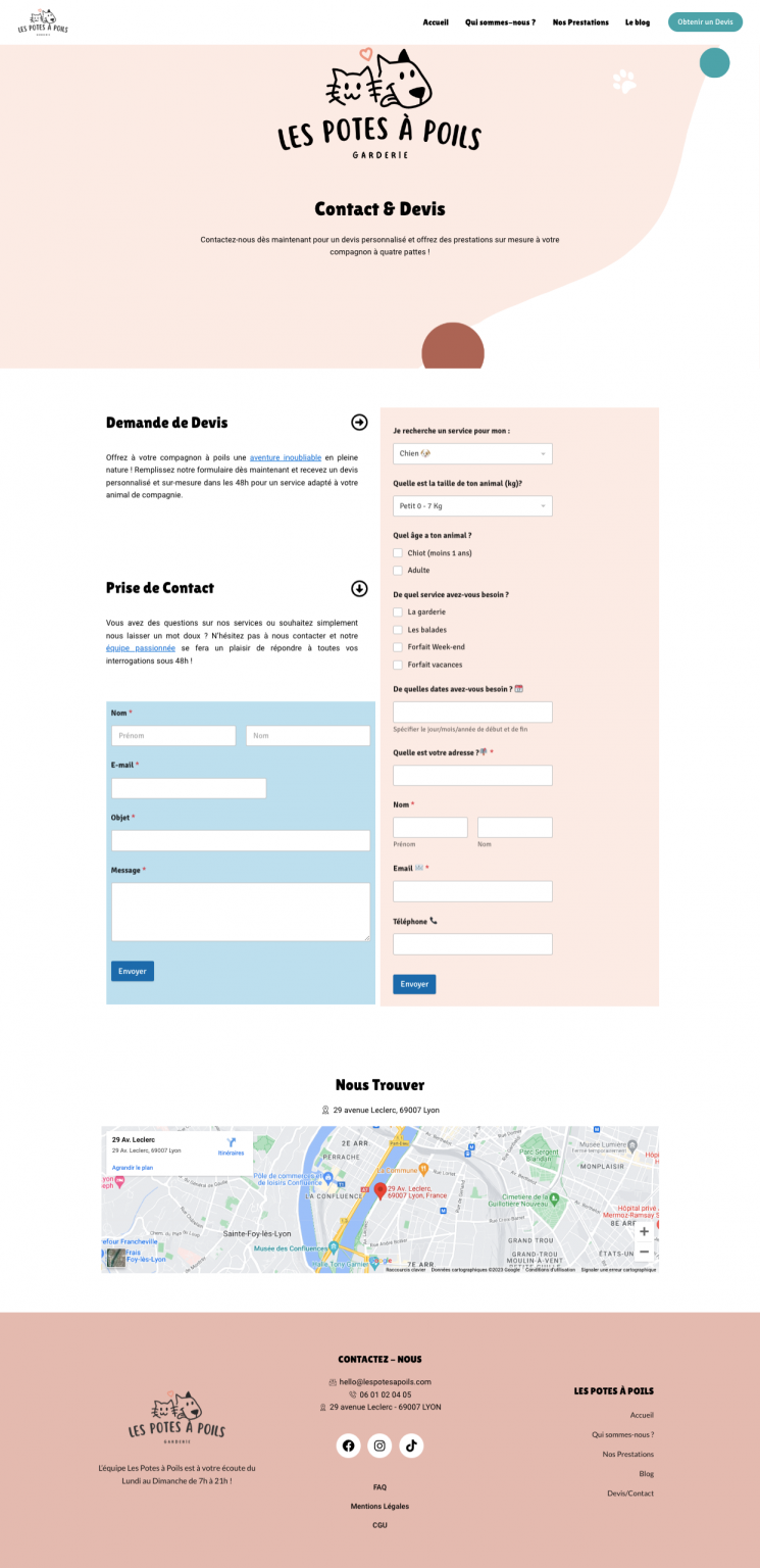 screenshot site web les potes à poils, page contact et devis