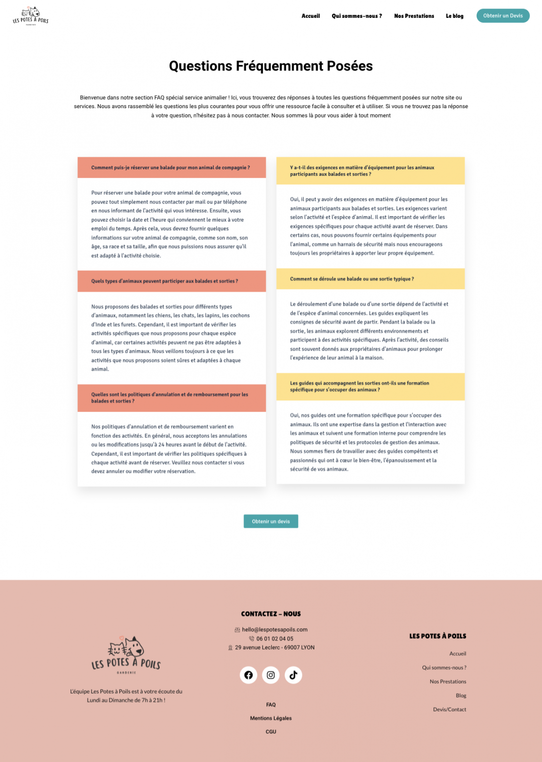 screenshot site web les potes à poils, page FAQ