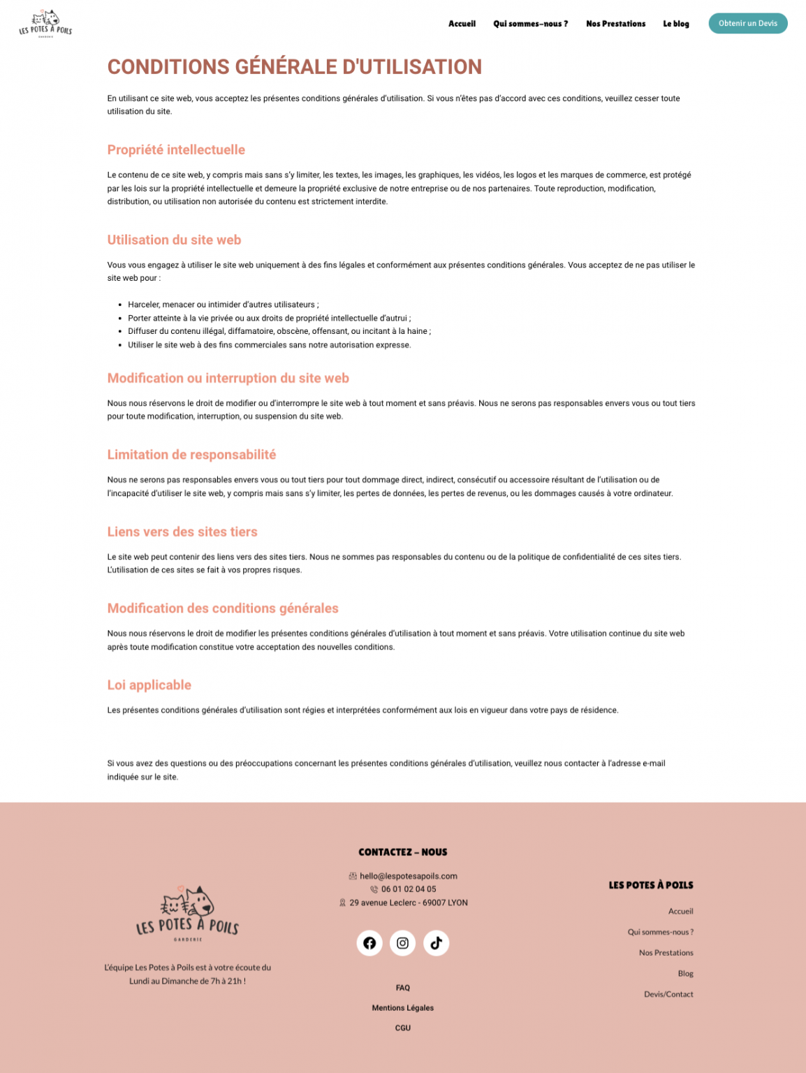 screenshot site web les potes à poils, page CGU